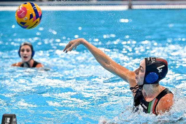 Silvia Avegno of Italy during the Water polo, Wasserball women classification 7th 8th place match between team Canada (white caps) and team Italy (blue caps) of the 21st World Aquatics Championships at the Aspire Dome in Doha (Qatar), February 16, 2024. GiorgioXScala