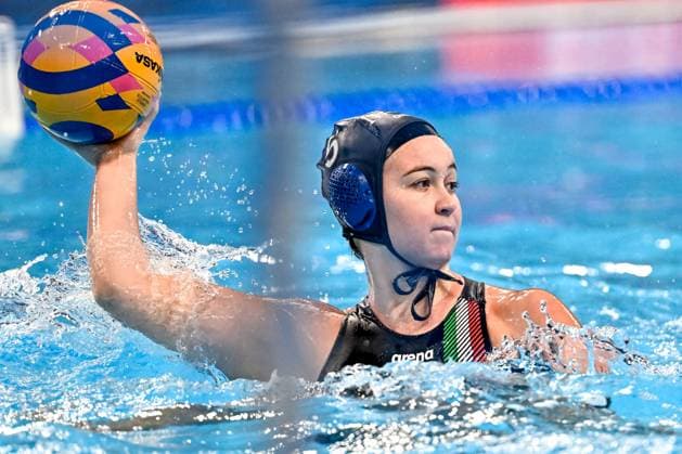 Sofia Giustini of Italy during the Water polo, Wasserball women classification 7th 8th place match between team Canada (white caps) and team Italy (blue caps) of the 21st World Aquatics Championships at the Aspire Dome in Doha (Qatar), February 16, 2024. GiorgioXScala
