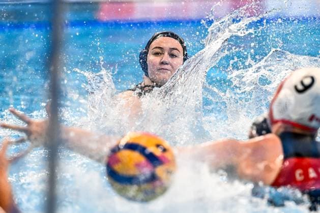 Sofia Giustini of Italy during the Water polo, Wasserball women classification 7th 8th place match between team Canada (white caps) and team Italy (blue caps) of the 21st World Aquatics Championships at the Aspire Dome in Doha (Qatar), February 16, 2024. GiorgioXScala