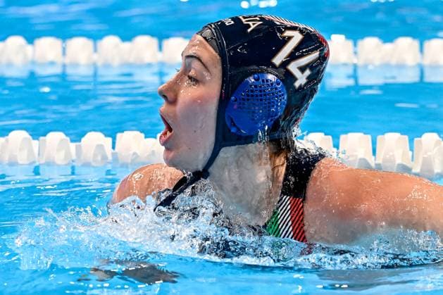 Lucrezia Lys Cergol of Italy during the Water polo, Wasserball women classification 7th 8th place match between team Canada (white caps) and team Italy (blue caps) of the 21st World Aquatics Championships at the Aspire Dome in Doha (Qatar), February 16, 2024. GiorgioXScala