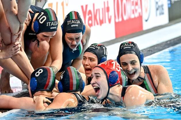 Athletes of team Italy during the Water polo, Wasserball women classification 7th 8th place match between team Canada (white caps) and team Italy (blue caps) of the 21st World Aquatics Championships at the Aspire Dome in Doha (Qatar), February 16, 2024. GiorgioXScala