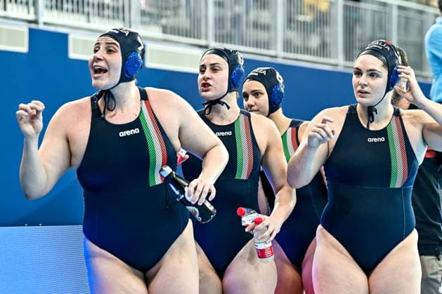 Athletes of team Italy during the Water polo, Wasserball women classification 7th 8th place match between team Canada (white caps) and team Italy (blue caps) of the 21st World Aquatics Championships at the Aspire Dome in Doha (Qatar), February 16, 2024. GiorgioXScala