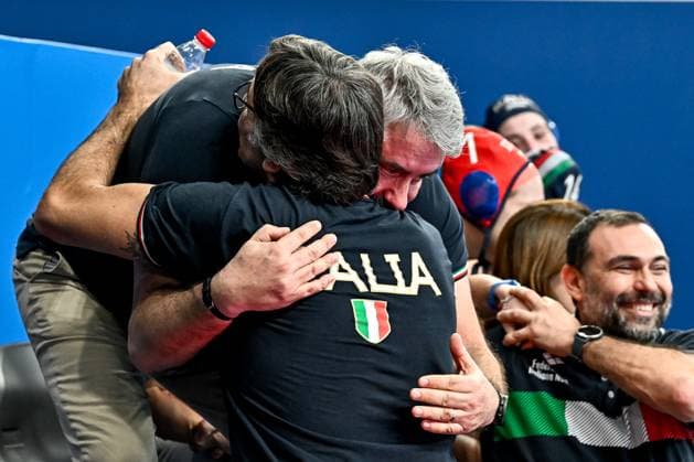 Members of team Italy celebrate the Olympic qualification after the Water polo, Wasserball women classification 7th 8th place match between team Canada (white caps) and team Italy (blue caps) of the 21st World Aquatics Championships at the Aspire Dome in Doha (Qatar), February 16, 2024. GiorgioXScala