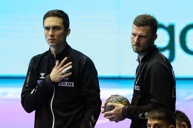 Goalkeeper Nikola Portner SC Magdeburg,80 with Philipp Weber SC Magdeburg,20 Handball EHF Champions League Season 2023 2024 Group Phase SC Magdeburg vs Orlen Wisla Plock at the GETEC Arena in Magdeburg Handball,Germany,15 02 2024