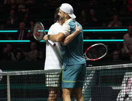 TENNIS - ABN AMRO OPEN 2024 Grigor Dimitrov of Bulgaria and Alexander Shevchenko of Kazakhstan during the ABN Amro Open 2024, ATP, Tennis Herren 500 tennis tournament on February 16, 2024 in Rotterdam, Netherlands - Photo Laurent Lairys MAXPPP Rotterdam Netherlands  Copyright: xMAXPPP MAXPPPxLaurentxLairysx DSC05068 DSC05068