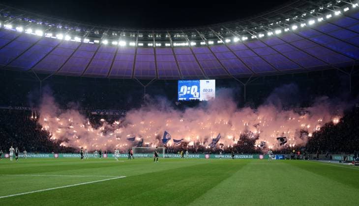 Pyrotechnics, Bengalos, fireworks in the Berlin fan block Sport Football Soccer DFL 2 Bundesliga Men 22 Matchday Season 2023 2024 16 02 2024 Hertha BSC Berlin vs 1 FC Magdeburg FCM DFL regulations prohibit any use of photographs as image sequences and or quasi video