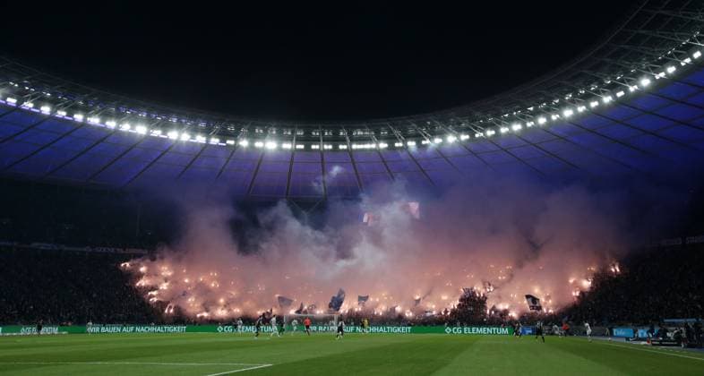 Pyrotechnics, Bengalos, fireworks in the Berlin fan block Sport Football Soccer DFL 2 Bundesliga Men 22 Matchday Season 2023 2024 16 02 2024 Hertha BSC Berlin vs 1 FC Magdeburg FCM DFL regulations prohibit any use of photographs as image sequences and or quasi video