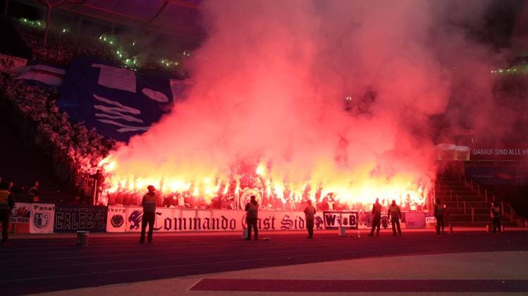 Pyrotechnics, Bengalos, fireworks in Magdeburg fan block Sport Football Soccer DFL 2 Bundesliga Men 22 Matchday Season 2023 2024 16 02 2024 Hertha BSC Berlin vs 1 FC Magdeburg FCM DFL regulations prohibit any use of photographs as image sequences and or quasi video