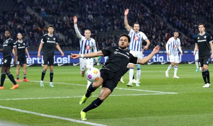 Herbert Bockhorn single image cropping action sport soccer soccer DFL 2 Bundesliga men 22 matchday season 2023 2024 16 02 2024 Hertha BSC Berlin vs 1 FC Magdeburg FCM DFL regulations prohibit any use of photographs as image sequences and or quasi video