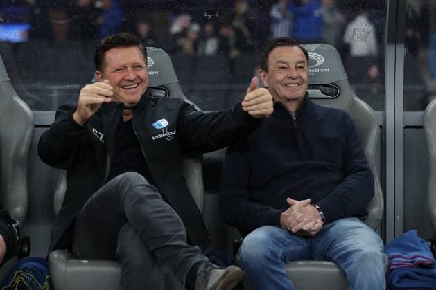 16 02 2024, xtgx, Soccer 2 Bundesliga, Hertha BSC Berlin 1 FC Magdeburg emspor, f l Christian Titz Magdeburg, coach and Otmar Schork Magdeburg, sporting director DFL DFB REGULATIONS PROHIBIT ANY USE OF PHOTOGRAPHS as IMAGE SEQUENCES and or QUASI VIDEO Berlin