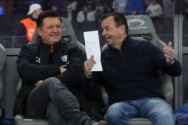 16 02 2024, xtgx, Soccer 2 Bundesliga, Hertha BSC Berlin 1 FC Magdeburg emspor, f l Christian Titz Magdeburg, coach and Otmar Schork Magdeburg, sporting director DFL DFB REGULATIONS PROHIBIT ANY USE OF PHOTOGRAPHS as IMAGE SEQUENCES and or QUASI VIDEO Berlin