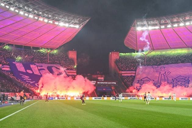 2 Bundesliga Hertha BSC Berlin 1 FC Magdeburg on 16 02 2024 at the Olympiastadion in Berlin Choreography of the fans from Magdeburg MT