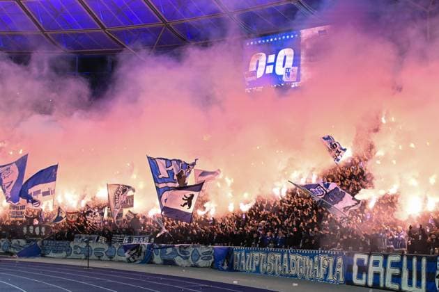 2 Bundesliga Hertha BSC Berlin 1 FC Magdeburg on 16 02 2024 at the Olympiastadion in Berlin Fans from Berlin light a Bengal fire MT