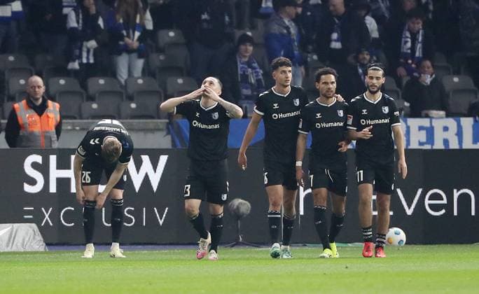 li Baris Atik cheers after 0 1 joy emotion jubilation sport soccer soccer DFL 2 Bundesliga men 22 matchday season 2023 2024 16 02 2024 Hertha BSC Berlin vs 1 FC Magdeburg FCM DFL regulations prohibit any use of photographs as image sequences and or quasi video
