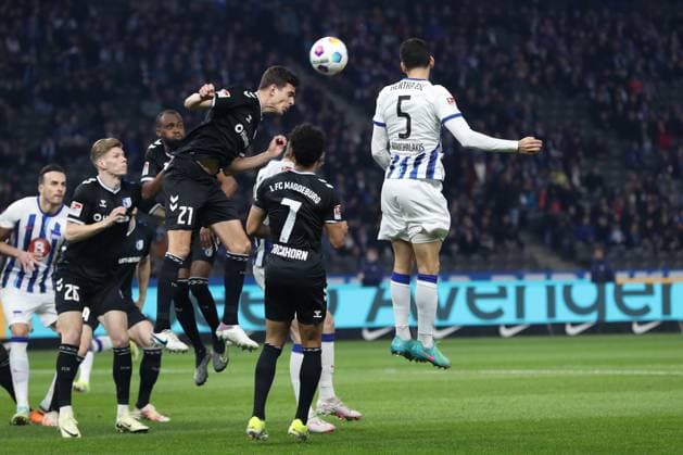 16 02 2024, xtgx, Soccer 2 Bundesliga, Hertha BSC Berlin 1 FC Magdeburg emspor, v l Tobias MoÂ¼ller Magdeburg, 2Lucas Meister Magdeburg, 2 , Filip Uremovic Hertha, 5 Zweikampf, Duell, Kampf, tackle DFL DFB REGULATIONS PROHIBIT ANY USE OF PHOTOGRAPHS as IMAGE SEQUENCES and or QUASI VIDEO Berlin