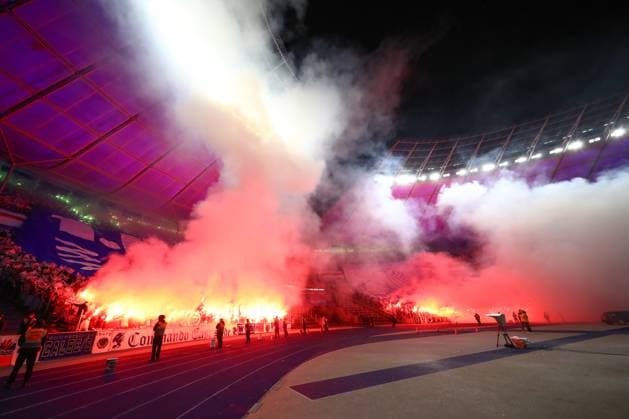 16 02 2024, xtgx, Soccer 2 Bundesliga, Hertha BSC Berlin 1 FC Magdeburg emspor, v l symbol photo, symbol image, choreo, Fans Magdeburg DFL DFB REGULATIONS PROHIBIT ANY USE OF PHOTOGRAPHS as IMAGE SEQUENCES and or QUASI VIDEO Berlin