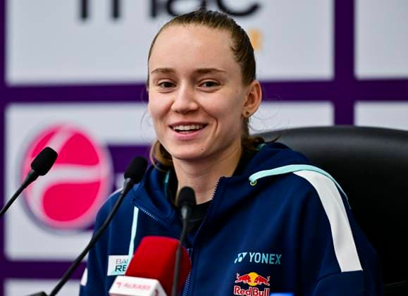 Qatar TotalEnergies Open - Day 6 Elena Rybakina of Kazakhstan is speaking during a press conference, PK, Pressekonferenz after her semifinal match against Anastasia Pavlyuchenkova at the WTA, Tennis Damen 1000-Qatar TotalEnergies Open tennis tournament at the Khalifa International Tennis Complex in Doha, Qatar, on February 16, 2024. DOHA Qatar  Copyright: xNoushadxThekkayilx originalFilename:varittyakkal-qatartot240216_nprMX.jpg