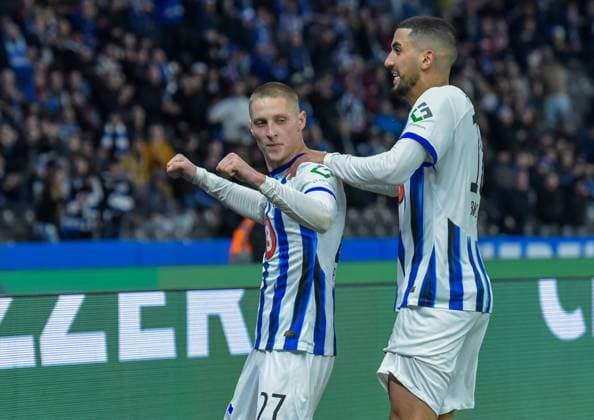 Soccer 2 Bundesliga, Hertha BSC 1 FC Magdeburg 16 02 2024, xdanx, Soccer 2 Bundesliga, Hertha BSC 1 FC Magdeburg, v l Cheers after the 2 1 by Palko Dardai Hertha BSC 27 Aymen Barkok Hertha BSC 18 ,Cheers DFL DFB REGULATIONS PROHIBIT ANY USE OF PHOTOGRAPHS as IMAGE SEQUENCES and or QUASI VIDEO Photo Daniel Lakomski Mix1 Berlin Olympiastadion Berlin Berlin Germany EN Copyright: xDanielxLakomskix