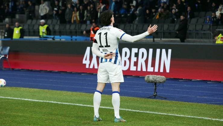 Fabian Reese cheers after 1 1 joy emotion jubilation Sport Football Soccer DFL 2 Bundesliga Men 22 Matchday Season 2023 2024 16 02 2024 Hertha BSC Berlin vs 1 FC Magdeburg FCM DFL regulations prohibit any use of photographs as image sequences and or quasi video