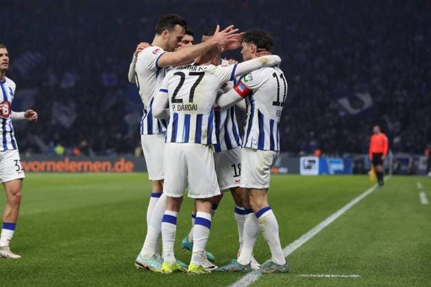 16 02 2024, xtgx, Soccer 2 Bundesliga, Hertha BSC Berlin 1 FC Magdeburg emspor, v l jubilation after the 1 1 by Fabian Reese Hertha, 11 DFL DFB REGULATIONS PROHIBIT ANY USE OF PHOTOGRAPHS as IMAGE SEQUENCES and or QUASI VIDEO Berlin