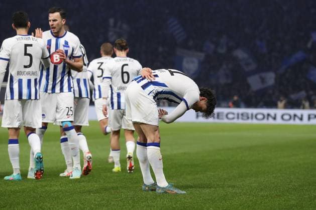 16 02 2024, xtgx, Soccer 2 Bundesliga, Hertha BSC Berlin 1 FC Magdeburg emspor, v l jubilation after the 1 1 by Fabian Reese Hertha, 11 DFL DFB REGULATIONS PROHIBIT ANY USE OF PHOTOGRAPHS as IMAGE SEQUENCES and or QUASI VIDEO Berlin