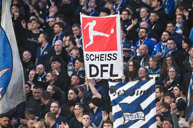 2 Bundesliga Hertha BSC Berlin 1 FC Magdeburg on 16 02 2024 at the Olympiastadion in Berlin Banner SCHEISS DFL MT
