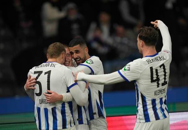 Germany, Berlin, 16 02 2024, Olympic Stadium, Hertha BSC vs 1 FC Magdeburg 2 Bundesliga, Marten Winkler Hertha BSC celebrates the second goal Berlin Olympic Stadium Berlin Germany eu-images-659