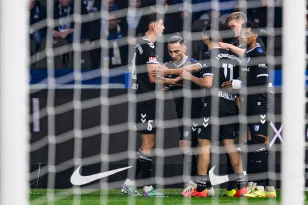 Goal, hit, in, jubilation, goal celebration, joy, enthusiasm, after 0 1 Baris Atik 1 FC Magdeburg, 23 , Hertha BSC 1 FC Magdeburg, 2 Bundesliga, football, DFB, season 2023 2024, 22 matchday, Olympia Stadion Berlin, DFB DFL REGULATIONS PROHIBIT ANY USE OF PHOTOGRAPHS AS IMAGE SEQUENCES AND OR QUASI VIDEO, 16 02 2024, photo HMB Media Uwe Koch Copyright: HMBxMedia UwexKoch