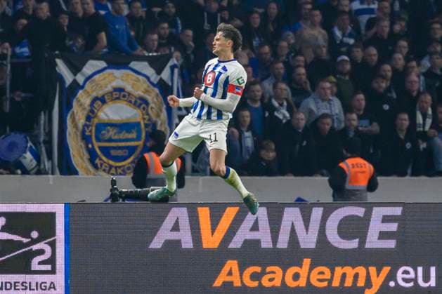 Fabian Reese Hertha BSC, 11 , converts penalty to equalize 1 1, goal, goal, hit, in, jubilation, goal celebration, joy, enthusiasm, Hertha BSC 1 FC Magdeburg, 2 Bundesliga, football, DFB, 2023 2024 season, 22 match day, Olympia Stadion Berlin, DFB DFL REGULATIONS PROHIBIT ANY USE OF PHOTOGRAPHS AS IMAGE SEQUENCES AND OR QUASI VIDEO, 16 02 2024, Photo HMB Media Uwe Koch Copyright: HMBxMedia UwexKoch