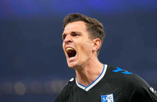 Germany, Berlin, 16 02 2024, Olympic Stadium, Hertha BSC vs 1 FC Magdeburg 2 Bundesliga, Tobias Müller 1 FC Magdeburg celebrates the second goal Berlin Olympic Stadium Berlin Germany eu-images-659