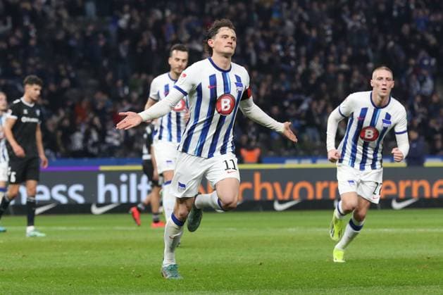 16 02 2024, xtgx, Fußball 2 Bundesliga, Hertha BSC Berlin 1 FC Magdeburg emspor, v l Fabian Reese Hertha, 11 Jubel, Torjubel, jubelt ueber das Tor, celebrate the goal, celebration DFL DFB REGULATIONS PROHIBIT ANY USE OF PHOTOGRAPHS as IMAGE SEQUENCES and or QUASI VIDEO Berlin