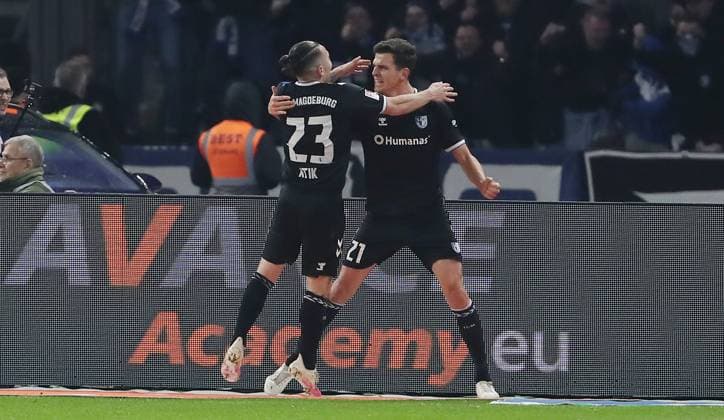 Tobias Müller cheers after 2 2 with Baris Atik joy emotion jubilation sport soccer soccer DFL 2 Bundesliga men 22 matchday season 2023 2024 16 02 2024 Hertha BSC Berlin vs 1 FC Magdeburg FCM DFL regulations prohibit any use of photographs as image sequences and or quasi video