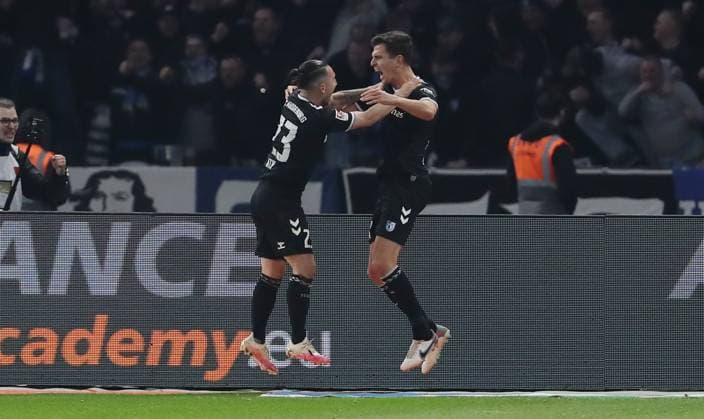 Tobias Müller cheers after 2 2 with Baris Atik joy emotion jubilation sport soccer soccer DFL 2 Bundesliga men 22 matchday season 2023 2024 16 02 2024 Hertha BSC Berlin vs 1 FC Magdeburg FCM DFL regulations prohibit any use of photographs as image sequences and or quasi video