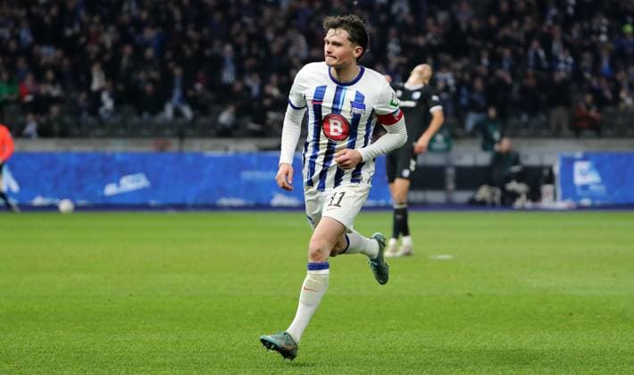 Fabian Reese cheers after 3 2 joy emotion jubilation Sport Football Soccer DFL 2 Bundesliga Men 22 Matchday Season 2023 2024 16 02 2024 Hertha BSC Berlin vs 1 FC Magdeburg FCM DFL regulations prohibit any use of photographs as image sequences and or quasi video