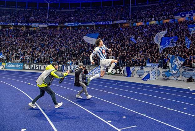 Soccer, Men, Season 2023 2024, 2 Bundesliga 22 Matchday , Hertha BSC 1 FC Magdeburg, Fabian Reese Hertha BSC , Cheering after goal to 3 2, 16 02 2024, Copyright: xSebastianxRäppold MatthiasxKochx