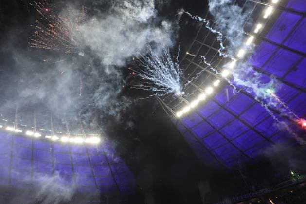 DEU, DFL, 2 FBL, Hertha BSC vs 1 FC Magdeburg, 16 02 2024, Berliner Olympiastadion, Berlin, DEU, DFL, 2 FBL, Hertha BSC vs 1 FC Magdeburg, im Bild Magdeburger Fanblock, Pyro DFL regulations prohibit any use of Photographs as image sequences and or quasi video Foto Juergen Engler nordphoto GmbH nordphotoxGmbHx xEngler nph00076