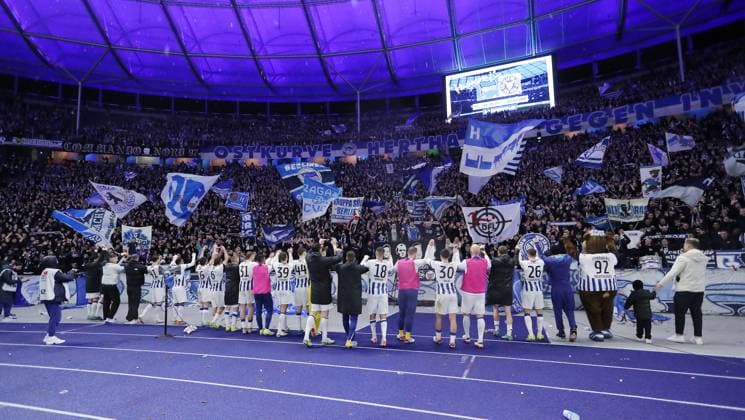 Hertha team celebrates 3 2 win in front of the fans Sports Football Soccer DFL 2 Bundesliga Men 22 Matchday Season 2023 2024 16 02 2024 Hertha BSC Berlin vs 1 FC Magdeburg FCM DFL regulations prohibit any use of photographs as image sequences and or quasi video