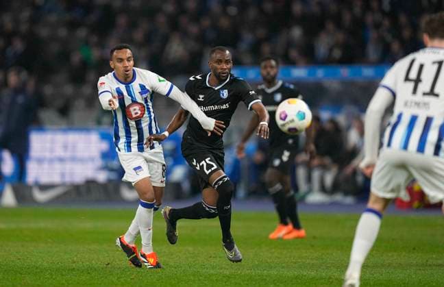 Germany, Berlin, 16 02 2024, Olympic Stadium, Hertha BSC vs 1 FC Magdeburg 2 Bundesliga, Bilal Hussein Hertha BSC and Silas Gnaka 1 FC Magdeburg battle for the ball Berlin Olympic Stadium Berlin Germany eu-images-659