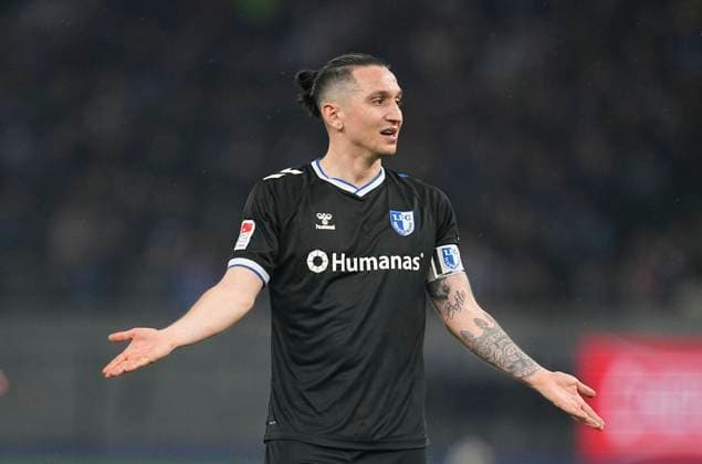 Germany, Berlin, 16 02 2024, Olympic Stadium, Hertha BSC vs 1 FC Magdeburg 2 Bundesliga, Baris Atik 1 FC Magdeburg gestures Berlin Olympic Stadium Berlin Germany eu-images-659