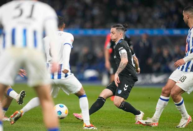 Germany, Berlin, 16 02 2024, Olympic Stadium, Hertha BSC vs 1 FC Magdeburg 2 Bundesliga, Baris Atik 1 FC Magdeburg controls the ball Berlin Olympic Stadium Berlin Germany eu-images-659
