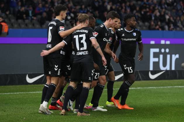 16 02 2024, xtgx, Soccer 2 Bundesliga, Hertha BSC Berlin 1 FC Magdeburg emspor, v l jubilation after the 2 2 by Tobias Mueller Magdeburg, 21 DFL DFB REGULATIONS PROHIBIT ANY USE OF PHOTOGRAPHS as IMAGE SEQUENCES and or QUASI VIDEO Berlin