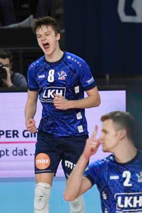 GER 1 VBL, SVG Lueneburg vs SWD powervolleys Düren 16 02 2024, LKH Arena, Lueneburg, GER 1 VBL, SVG Lueneburg vs SWD powervolleys Düren in the picture Theo Mohwinkel Lueneburg 08 cheers nordphotoxGmbH xWitke nph00002
