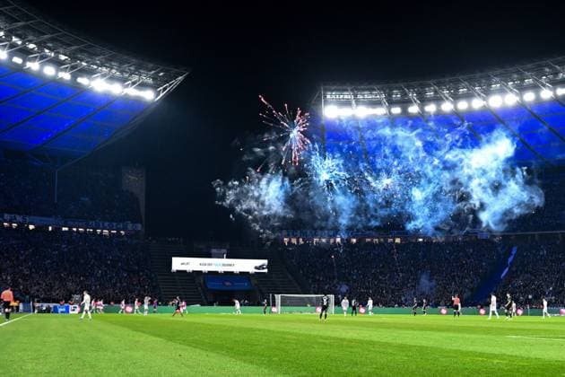 2 Bundesliga Hertha BSC Berlin 1 FC Magdeburg on 16 02 2024 at the Olympiastadion in Berlin Fans from Magdeburg with fireworks MT