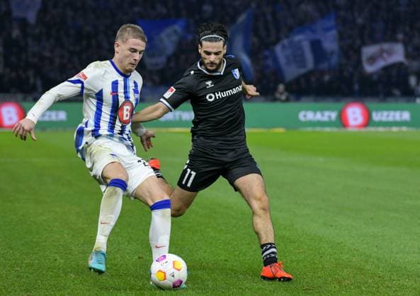 Soccer 2 Bundesliga, Hertha BSC 1 FC Magdeburg 16 02 2024, xdanx, Soccer 2 Bundesliga, Hertha BSC 1 FC Magdeburg, v l Marten Winkler Hertha BSC 22 ,Mohammed El Hankouri 1 FC Magdeburg 11 ,duel, duel, fight, tackle DFL DFB REGULATIONS PROHIBIT ANY USE OF PHOTOGRAPHS as IMAGE SEQUENCES and or QUASI VIDEO Photo Daniel Lakomski Mix1 Berlin Olympiastadion Berlin Berlin Germany EN Copyright: xDanielxLakomskix