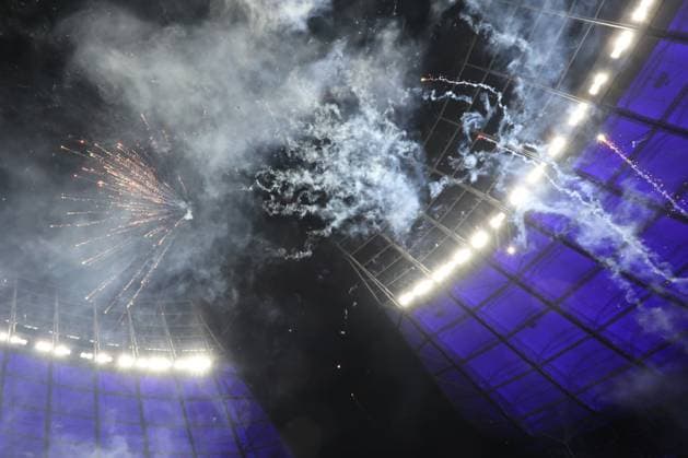 DEU, DFL, 2 FBL, Hertha BSC vs 1 FC Magdeburg, 16 02 2024, Berliner Olympiastadion, Berlin, DEU, DFL, 2 FBL, Hertha BSC vs 1 FC Magdeburg, im Bild Magdeburger Fanblock, Pyro, Feuerwerk DFL regulations prohibit any use of Photographs as image sequences and or quasi video Foto Juergen Engler nordphoto GmbH nordphotoxGmbHx xEngler nph00076