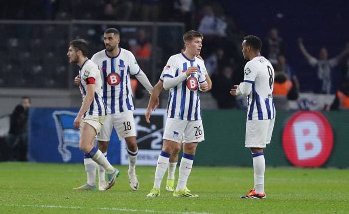 Jonjoe Kenny, Aymane Barkok, Gustav Christensen, Bilal Hussein after the end of the match Sports Soccer Football DFL 2 Bundesliga Men 22 Matchday Season 2023 2024 16 02 2024 Hertha BSC Berlin vs 1 FC Magdeburg FCM DFL regulations prohibit any use of photographs as image sequences and or quasi video