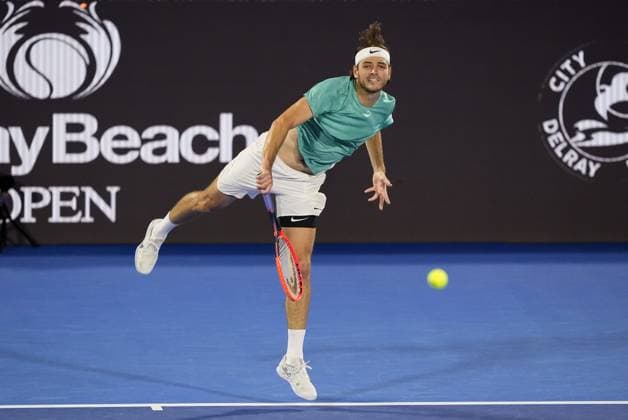 February 16, 2024, Delray Beach, Florida, United States: February, 16 - Delray Beach, FL: Taylor Fritz(USA) in action here, defeats Rinky Hijikata(AUS) in the quarter-finals of the 2024 Delray Beach Open at the Delray Beach Tennis Center. Delray Beach United States - ZUMApa3_ 20240216_zap_pa3_029 Copyright: xAndrewxPatronx