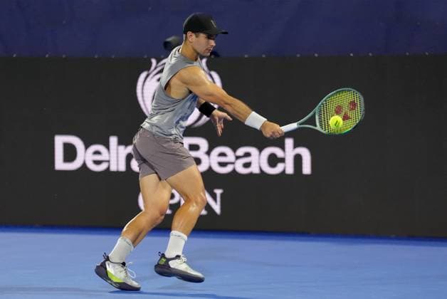 February 16, 2024, Delray Beach, Florida, United States: February, 16 - Delray Beach, FL: Marcos Giron(USA) in action here, defeats Patrick Kypson(USA) during the first round of the 2024 Delray Beach Open at the Delray Beach Tennis Center. Delray Beach United States - ZUMApa3_ 20240216_zap_pa3_015 Copyright: xAndrewxPatronx