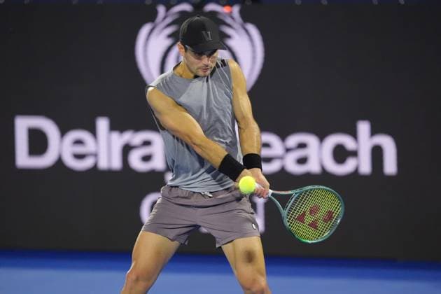February 16, 2024, Delray Beach, Florida, United States: February, 16 - Delray Beach, FL: Marcos Giron(USA) in action here, defeats Patrick Kypson(USA) during the first round of the 2024 Delray Beach Open at the Delray Beach Tennis Center. Delray Beach United States - ZUMApa3_ 0414319759st Copyright: xAndrewxPatronx