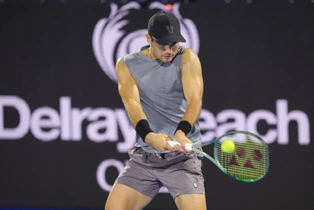 February 16, 2024, Delray Beach, Florida, United States: February, 16 - Delray Beach, FL: Marcos Giron(USA) in action here, defeats Patrick Kypson(USA) during the first round of the 2024 Delray Beach Open at the Delray Beach Tennis Center. Delray Beach United States - ZUMApa3_ 0414320378st Copyright: xAndrewxPatronx